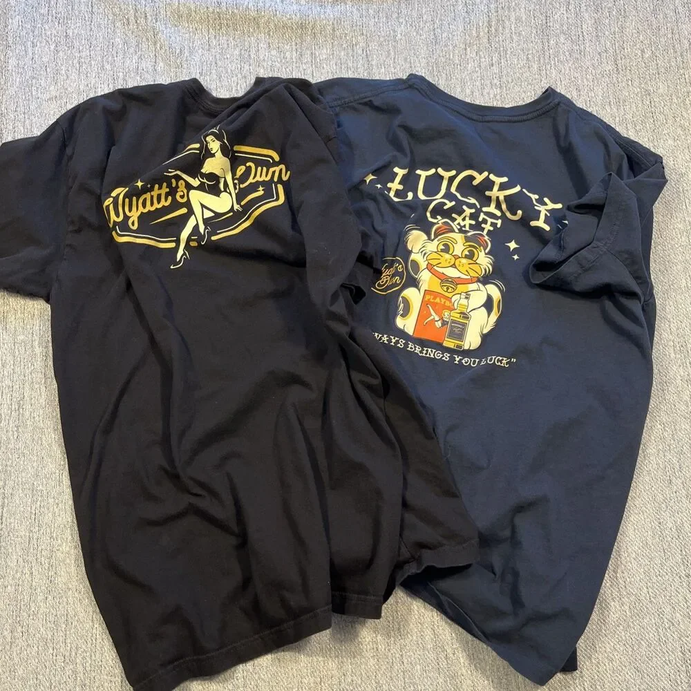 WYATTS OWN  Lot Of 2 Short sleeve T Shirts Lucky Cat And Sexy Woman Cotton